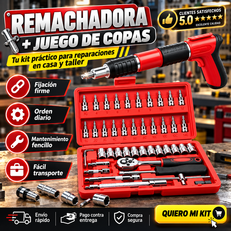 Remachadora + Caja de 46 herramientas GRATIS