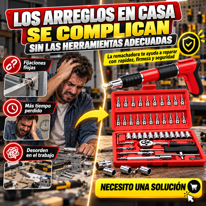 Remachadora + Caja de 46 herramientas GRATIS